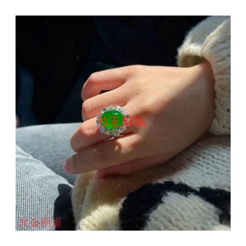 高端缅甸翡翠老坑高冰艳绿银镶嵌戒指气质高级感女士款戒指-图3