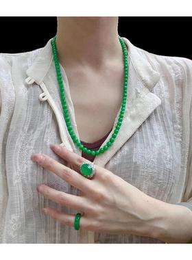 缅甸翡翠色阳绿圆珠链冰糯种果绿色佛珠念珠长款毛衣链新中式国风