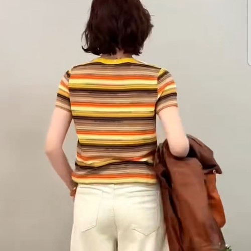 2026春秋季节欧美风彩虹条纹短袖针织衫女修身圆领套头糖果风上衣 - 图2