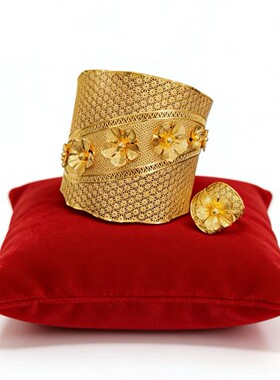 迪拜新娘黄铜大手镯戒指尼日利亚女士婚礼宴会手镯戒指礼物现货