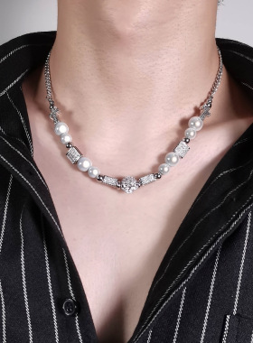 潮流合伙人明星同款镶钻骷髅头项链手链潮嘻哈不锈钢项链珍珠项链