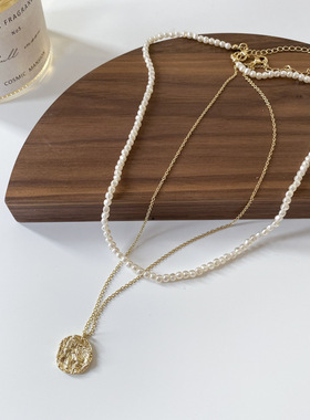 双层叠戴金色珍珠吊坠夏季简约复古时尚锁骨链2021年新款女生饰品