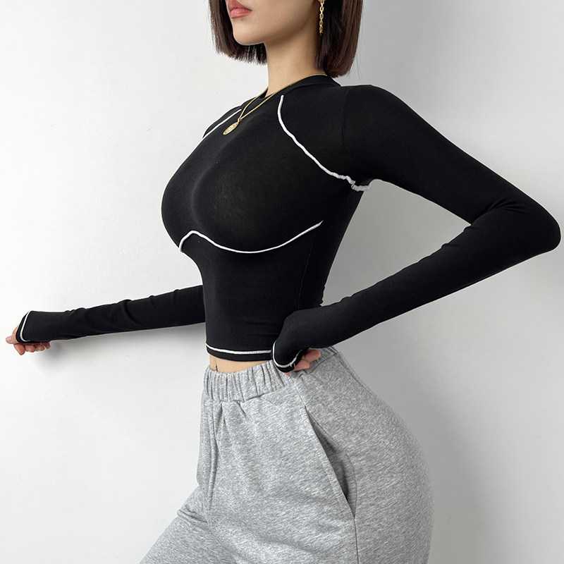 Mitaogirl秋季撞色瑜伽长袖t恤女软糯慕斯健身上衣紧身训练运动服,淘宝优惠券,粉丝福利购,淘宝优惠卷