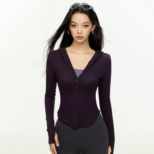 Mitaogirl连帽亨利领运动长袖T恤女竹节罗纹亲肤瑜伽服弹力健身服