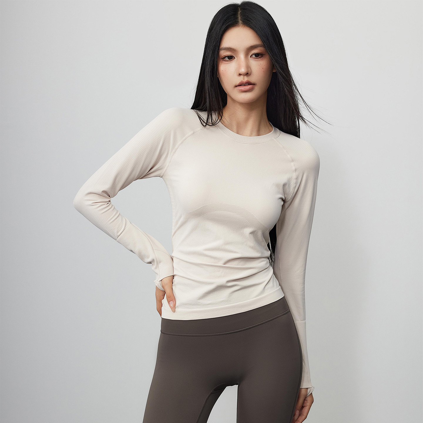 Mitaogirl新款透气瑜伽服长袖T恤肌理修身运动上衣普拉提健身服,淘宝优惠券,粉丝福利购,淘宝优惠卷