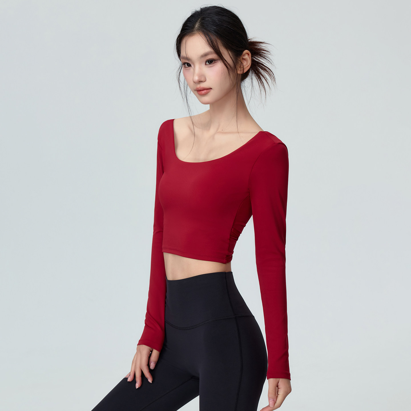 Mitaogirl秋季新款交叉美背瑜伽服女士休闲运动T恤方领长袖健身服,淘宝优惠券,粉丝福利购,淘宝优惠卷