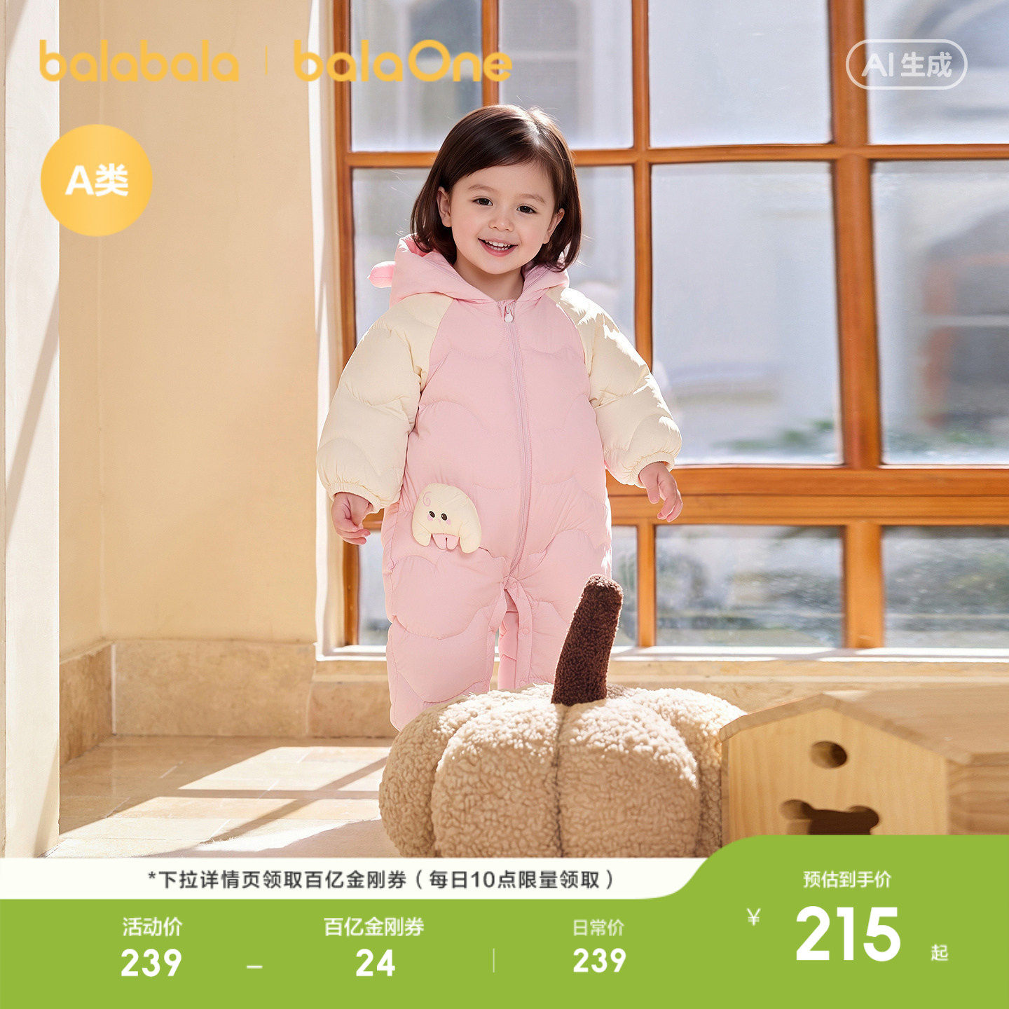 巴拉巴拉婴儿羽绒服轻薄冬季连体衣2024新款宝宝衣服女童抱衣爬服