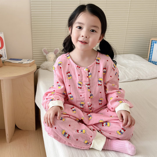 Pijama infantil de una pieza de gasa de doble capa de puro algodón, estilos de primavera y otoño para niños y niñas, saco de dormir con piernas abiertas, protección del vientre y ropa para el hogar resistente al frío