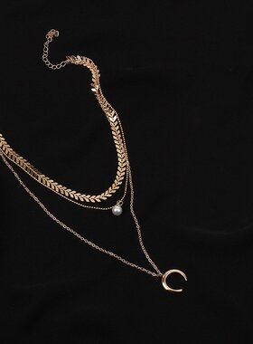 choker欧美多层月牙金属吊坠项链