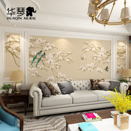 现代新中式花鸟电视背景墙壁纸 美式客厅影视墙 卧室壁画墙纸墙布 - 图2