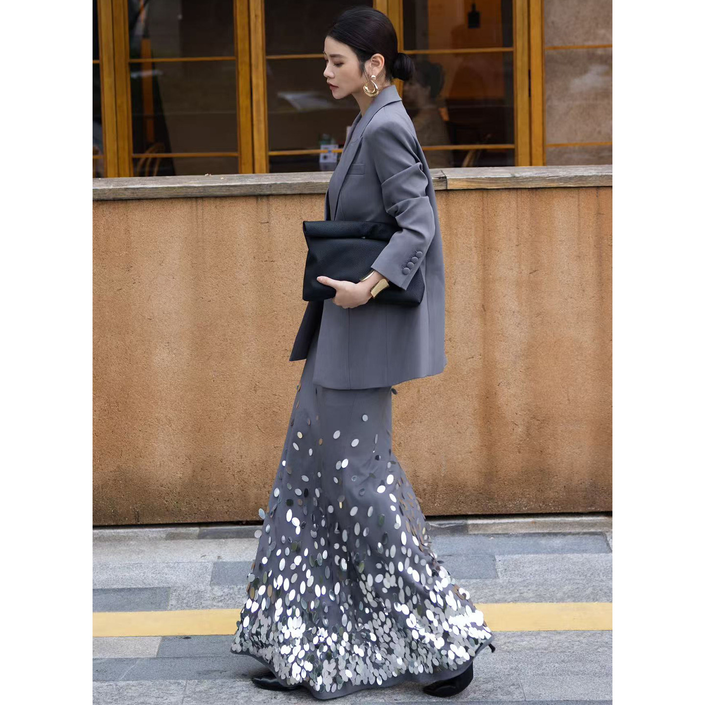 轻奢优雅欧美西装配亮片半长裙套装女秋冬显瘦显高气质高雅两件套,淘宝优惠券,粉丝福利购,淘宝优惠卷