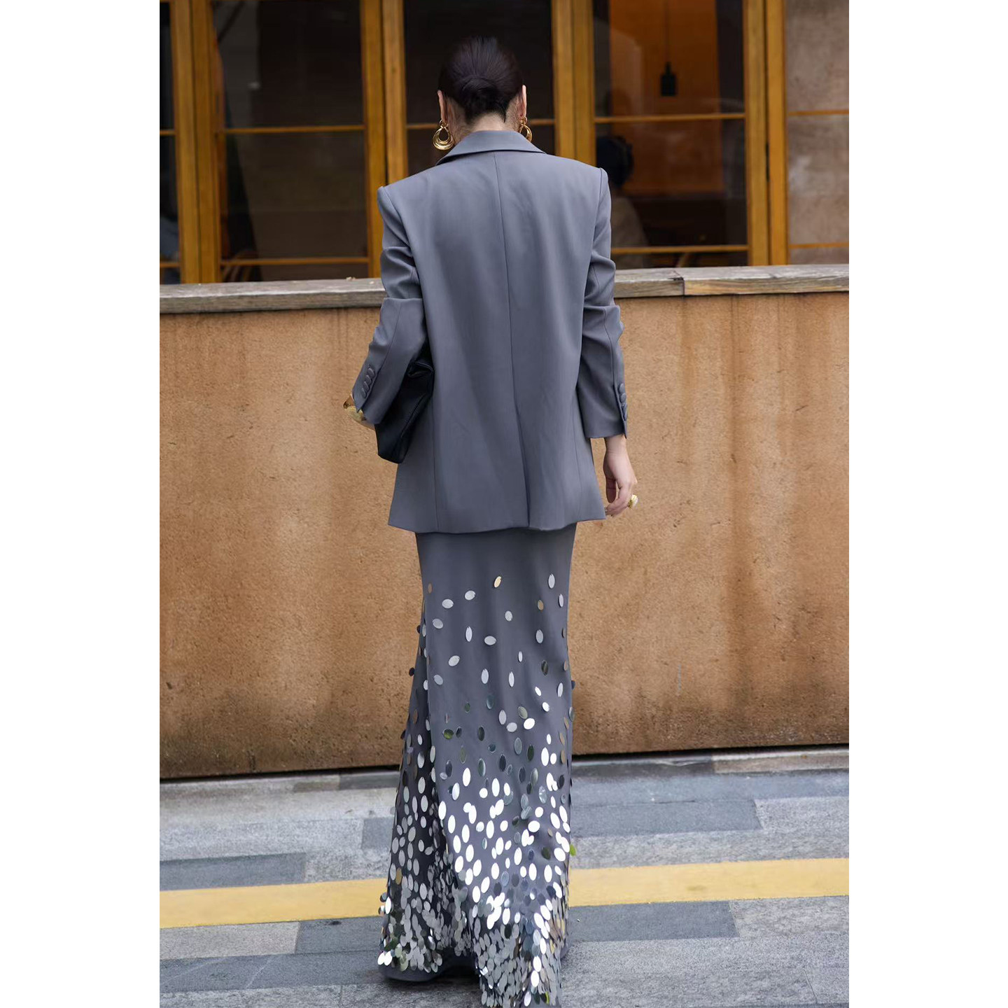 轻奢优雅欧美西装配亮片半长裙套装女秋冬显瘦显高气质高雅两件套,淘宝优惠券,粉丝福利购,淘宝优惠卷