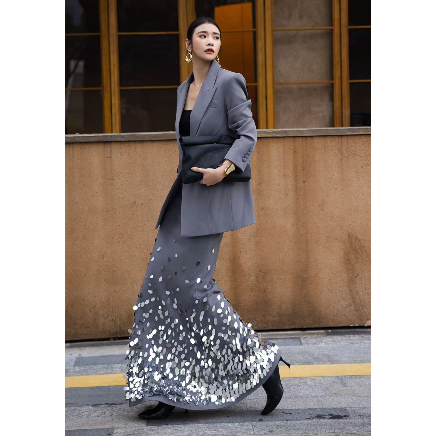 轻奢优雅欧美西装配亮片半长裙套装女秋冬显瘦显高气质高雅两件套,淘宝优惠券,粉丝福利购,淘宝优惠卷