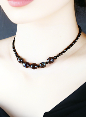 天然黑玛瑙项链小众陶瓷短项链