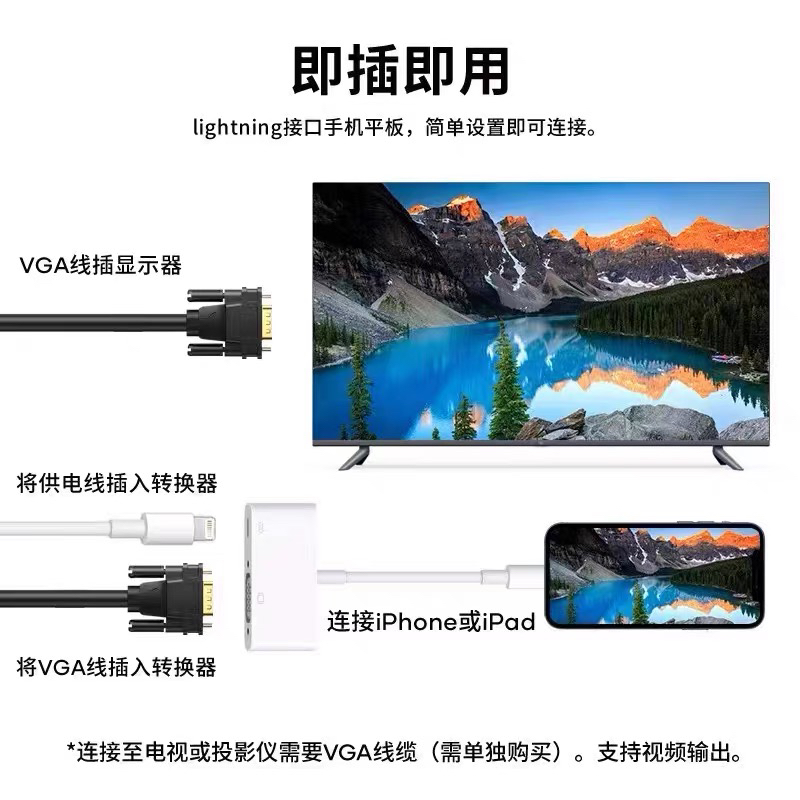 lightning转VGA投影仪适用苹果手机iPad显示器同屏转换器电视频线 - 图0