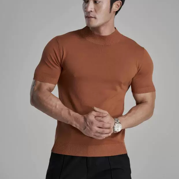 小高领针织衫男薄款透气紧身短袖打底衫丝光棉紧袖收腰毛线卫衣潮 - 图3