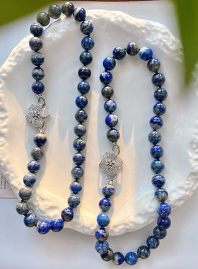 大颗粒12mm天然青金石项链颗颗打结复古自然青花瓷纹理圆珠锁骨链