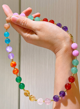 多巴胺彩色配色多材质天然水晶多宝项链锁骨链女小众圆珠款紫水晶