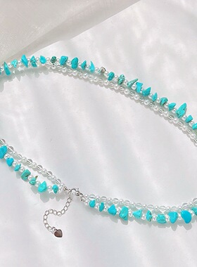 夏日精灵高品质天然白水晶仿绿松石仿珍珠设计感双层锁骨链项链