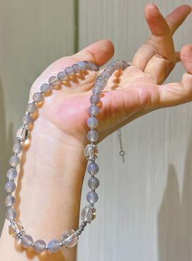 复古清冷烟灰色玉髓混搭天然白水晶串珠项链小众设计感时尚锁骨链