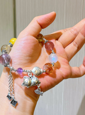 925银高品质复古天然紫水晶月光石蜜蜡黄水晶金发晶多宝水晶手链