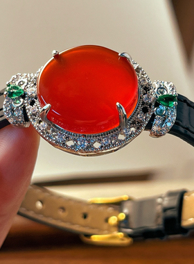 天然红玉髓红玛瑙手链手镯款 小众个性红色中性风表带链条款