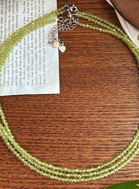 天然橄榄石极细锁骨链女 夏季小清新绿色串珠项链 显白百搭颈链