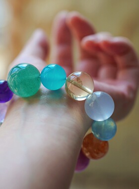 高货 12-20mm大颗天然多宝水晶手链女 彩虹渐变手串 紫水晶黄水晶