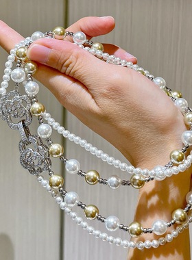 复古混彩施家珍珠多层叠戴项链 小众长款毛衣链 小香名媛风百搭