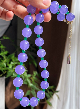 新奢小众百搭国风设计感复古中式12mm紫石英岩玉搭配绿玉髓锁骨链