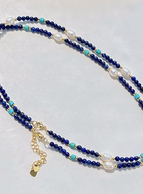 夏日多巴胺穿搭串珠项链天然青金石珍珠项链锁骨链 度假风叠戴