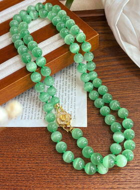 超美果绿色人造猫眼石项链锁骨链长款毛衣链原创手作小众时尚