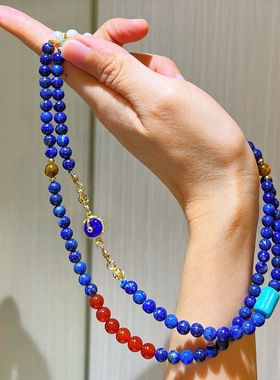 天然青金石串珠项链国风多宝设计感长款毛衣链轻奢气质锁骨链