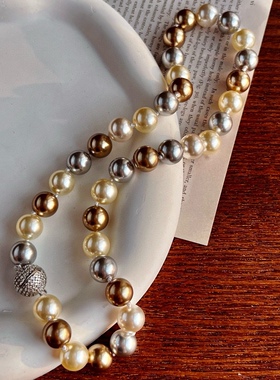 10mm美拉德金棕色混彩施家珍珠项链女感钻石球磁铁扣锁骨链秋冬