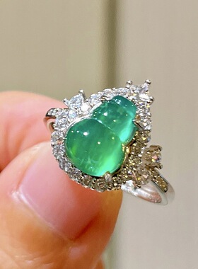 S925银镀真金·国风绿玉髓葫芦满钻戒指新中式轻奢指环新品