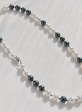 8mm高品质贵族黑白灰色人造水晶珍珠项链大溪地黑珍珠锁骨链