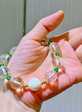 12mm天然白水晶绿玉髓手串女新中式贝壳珠串珠手链小众时尚礼物