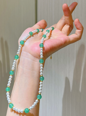 绿野仙踪高品质强光人造水晶珍珠绿色石英岩玉串珠锁骨链项链时尚