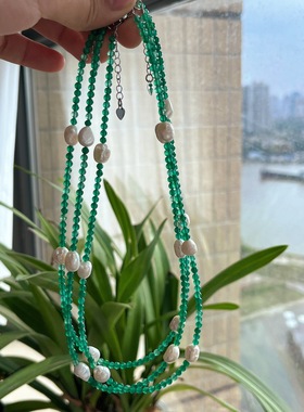复古风天然绿玉髓巴洛克珍珠项链 小众设计感轻奢叠戴锁骨链