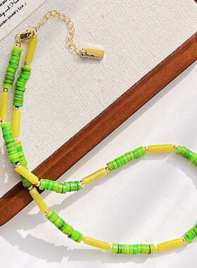 夏日清新黄绿撞色贝壳串珠项链女 小众设计感锁骨链 轻奢手链套装