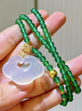 新中式国风旗袍配饰串珠祖母绿色绿玉髓玉石长款如意吊坠毛衣链女