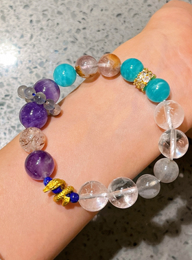 原创设计感天然白水晶天河石灰月光石紫水晶黑金超紫幽灵多宝手链