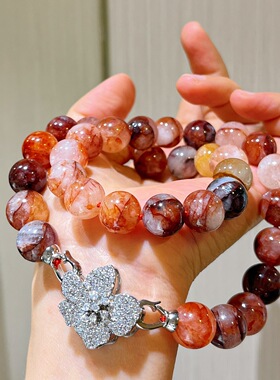 12mm天然红胶花水晶项链镶钻花朵扣饰小众高级感 招好运