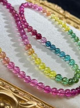 收藏级艳丽彩虹碧玺色标手链手串女士礼物5.5mm鸽血红宝蓝金丝雀