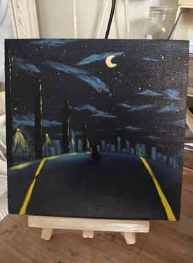 手绘星空夜城猫咪油画小尺寸装饰画卧室客厅桌面摆件ins风艺术画