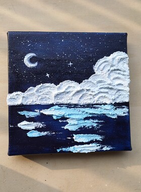 丙烯画夜景立体小摆件手绘油画风景装饰画迷你立体油画背景装饰品