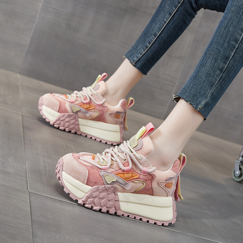 复古拼色老爹鞋女2025春季新款真皮粉色网面厚底增高休闲运动鞋潮,淘宝优惠券,粉丝福利购,淘宝优惠卷