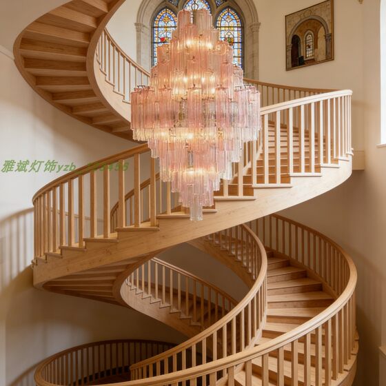 French duplex luxury villa staircase handmade designer glass tube lamp medieval Murano living room long chandelier
