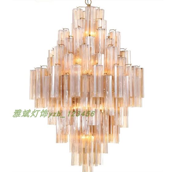 French light luxury glass staircase long chandelier Murano medieval atmosphere high-end living room empty villa duplex building