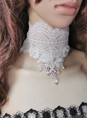 2024白色加宽欧美新款颈纹疤痕遮盖围脖超仙蕾丝珍珠锁骨链女